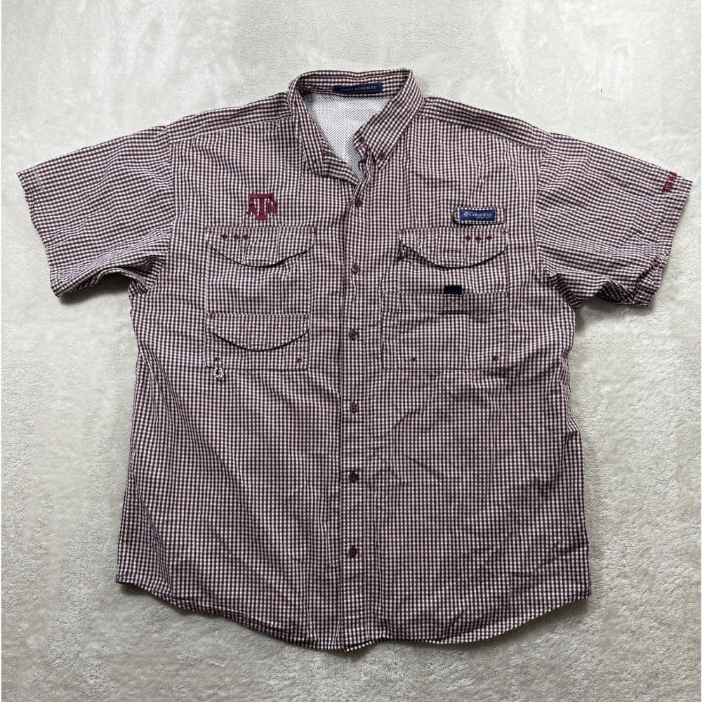 Columbia Mens PFG Super Bonehead Texas A&M Gingham Maroon Fishing Shirt Unknown